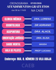 Programação CAEB 7 de março - Atendimentos gratuitos