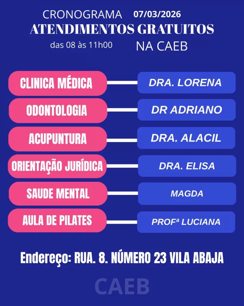 Programação CAEB 7 de março - Atendimentos gratuitos