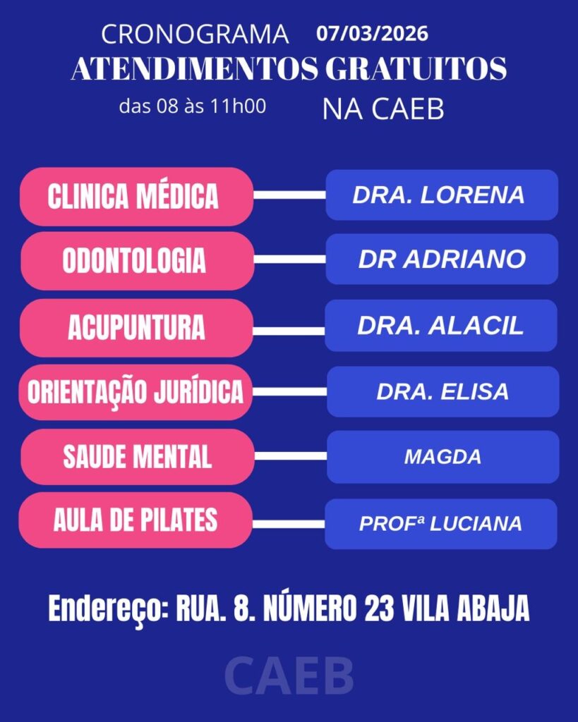 Programação CAEB 7 de março - Atendimentos gratuitos