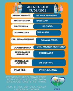 CAEB 13 de junho, atendimento gratuito fisioterapia, dermatologia, massoterapia, odontologia e pilates