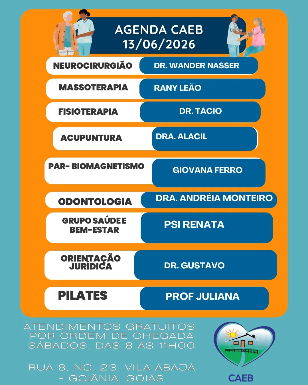 CAEB 13 de junho, atendimento gratuito fisioterapia, dermatologia, massoterapia, odontologia e pilates
