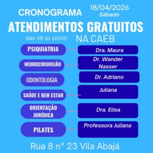 Programação CAEB 18 de ABRIL - Atendimentos gratuitos