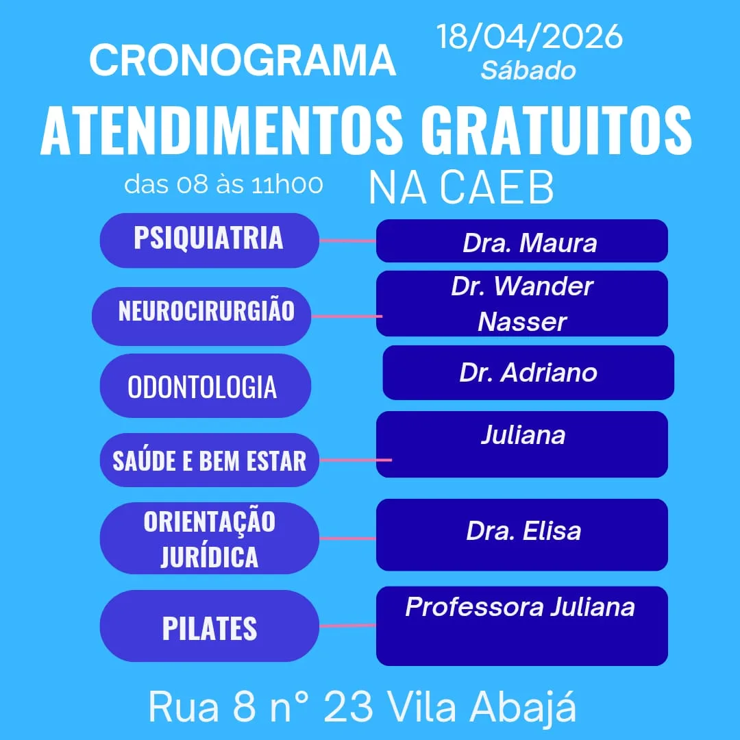 Programação CAEB 18 de ABRIL - Atendimentos gratuitos