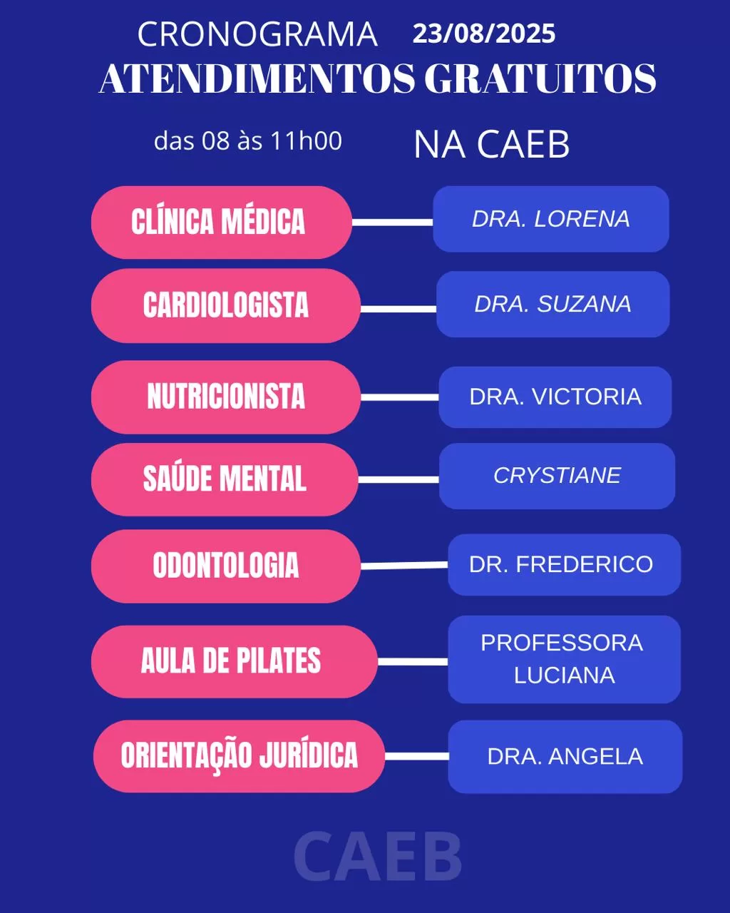 CAEB dia 23 de agosto, atendimento gratuito