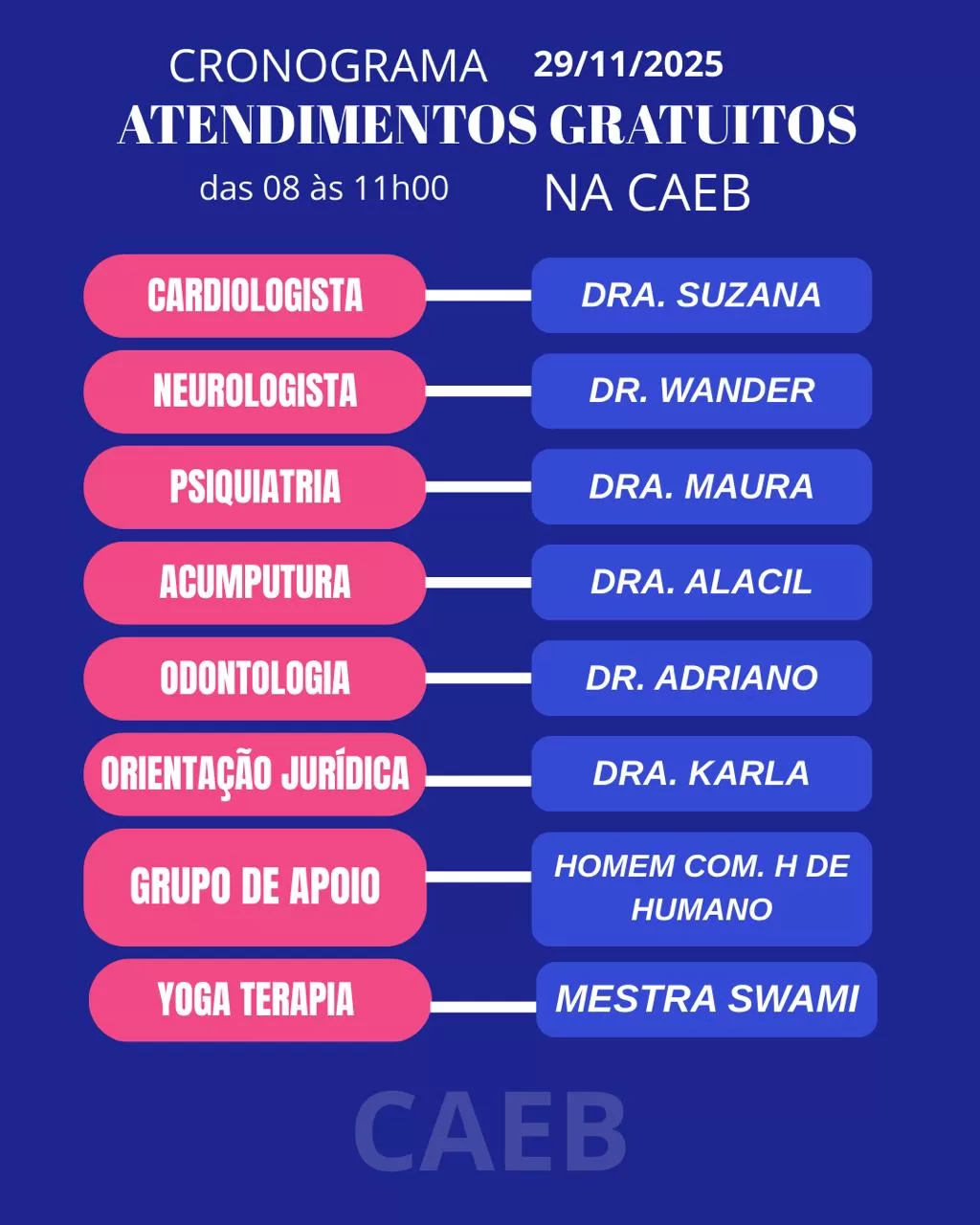 Programação CAEB 29 de novembro - Atendimentos gratuitos