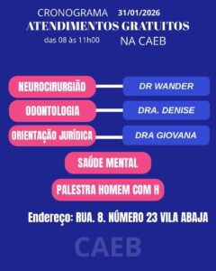 Programação CAEB 31 de janeiro - Atendimentos gratuitos