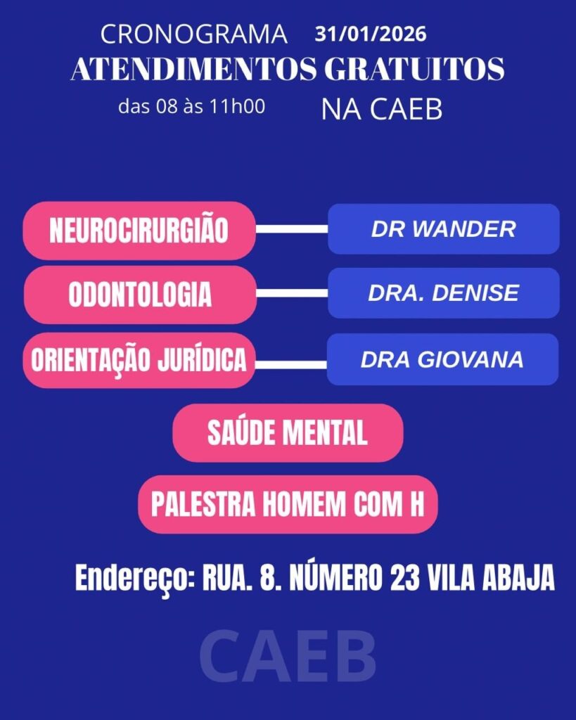 Programação CAEB 31 de janeiro - Atendimentos gratuitos